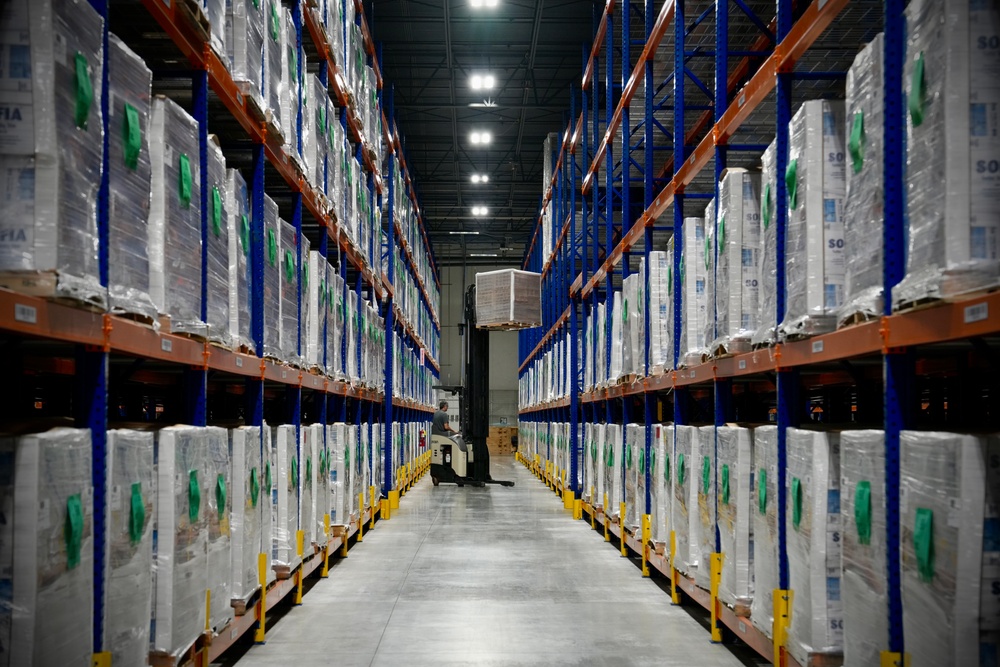 FEMA distribution center shelves stocked with disaster supplies ahead of Hurricane Helene